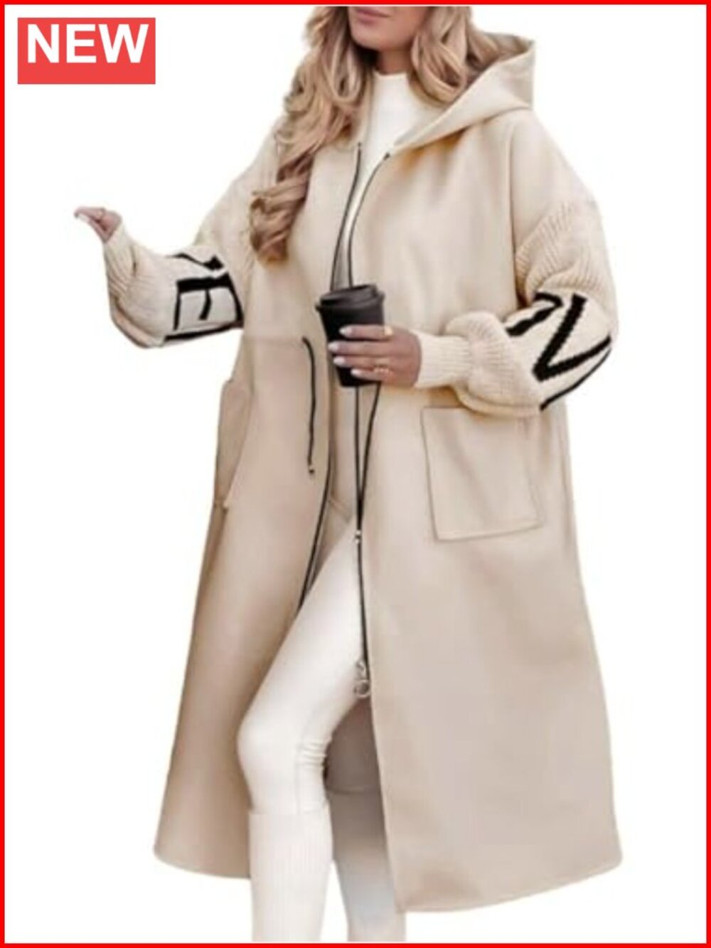 Women's Wool Trench Coat Zip Up Hooded Knitted Sleeve Overcoat